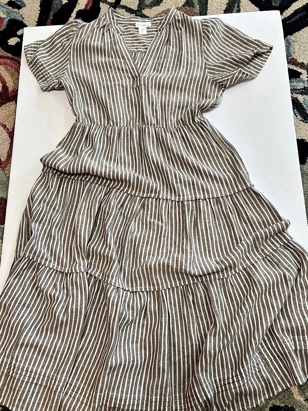 Cynthia Rowley Linen Blend Tiered Midi Dress Brown & White Medium